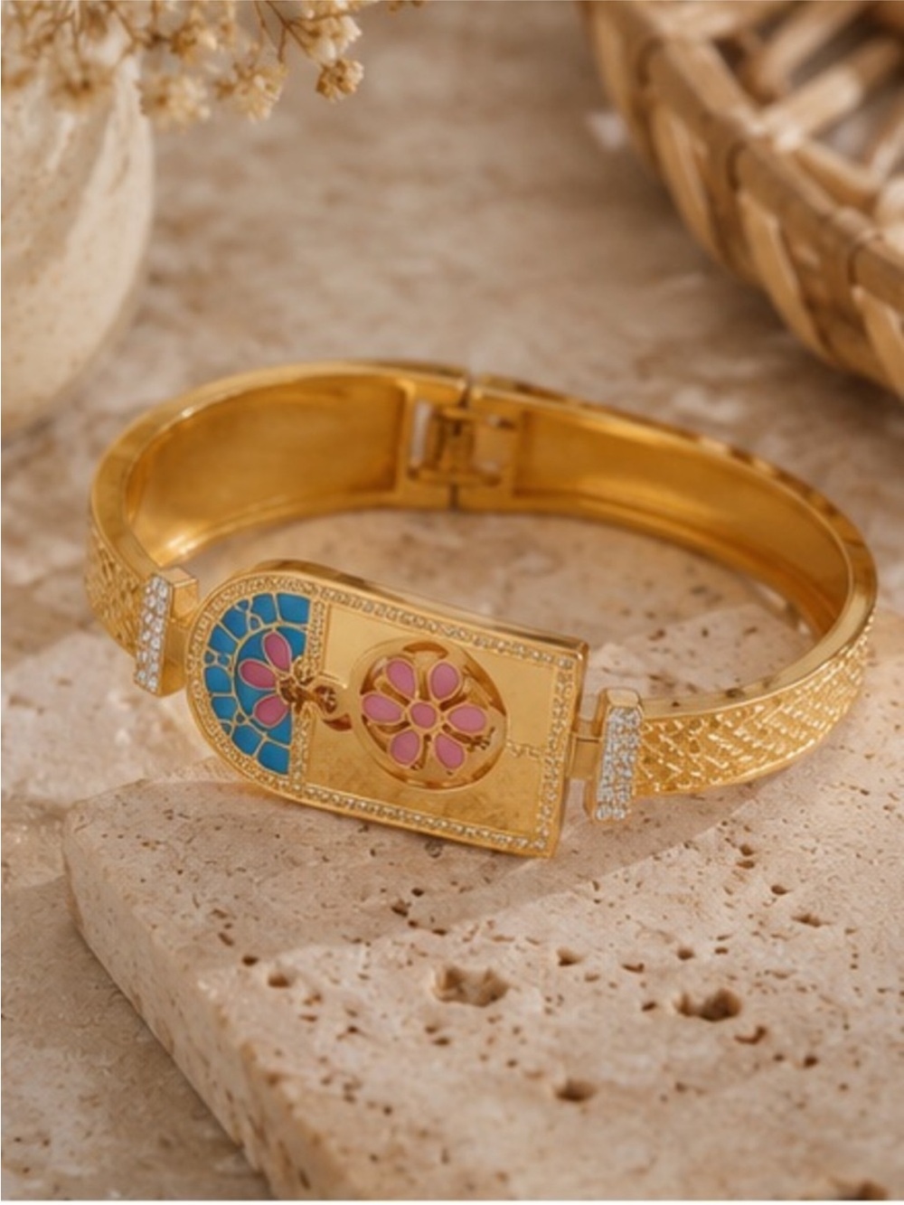 Gold-Tone Floral Enamel Bangle Bracelet - Pink & Turquoise